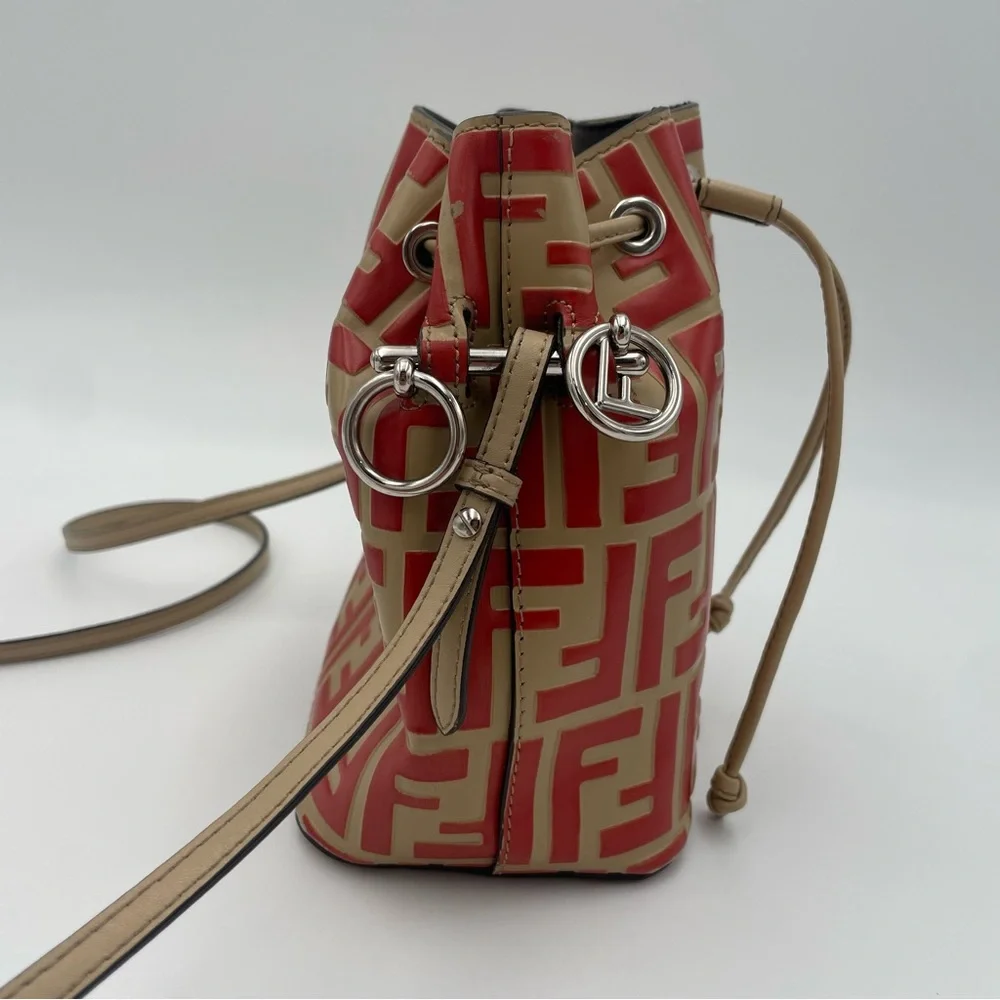 (SOLD) Fendi Monogram Embossed Beige/Red Leather Tresor Drawstring Bucket Bag - Picture 7 of 17